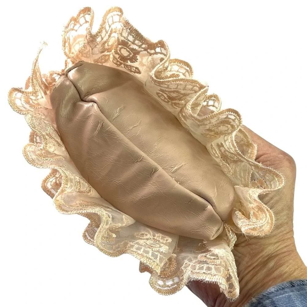 Beige Lace Clutch Wallet with Black Frame Closure